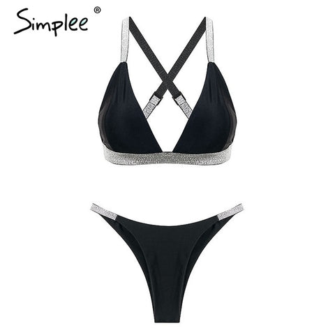 Simplee Sexy silver micro bikini lingerie set Strap push up padded swimsuit female Triangle swimwear women black intimates 2019 - Bikinisexy