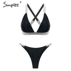 Simplee Sexy silver micro bikini lingerie set Strap push up padded swimsuit female Triangle swimwear women black intimates 2019 - Bikinisexy